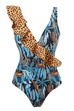 Blue Printed One Piece Swimwear with Ruffles