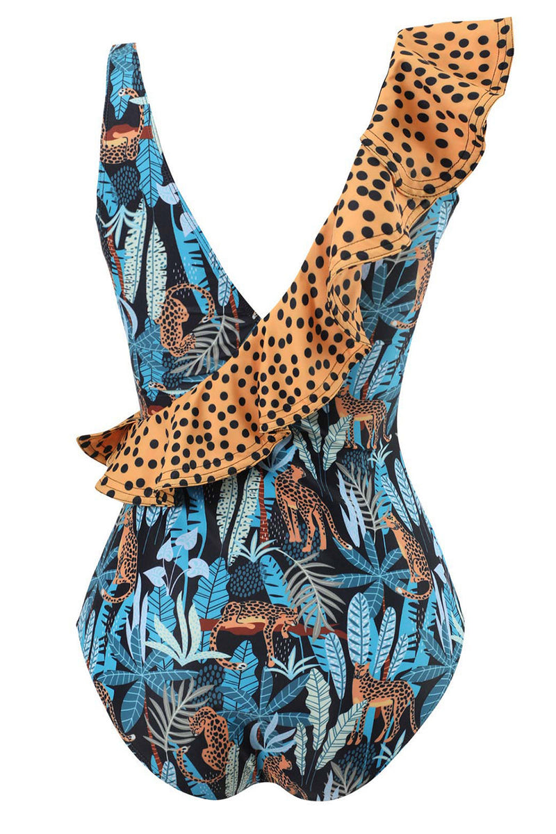 Load image into Gallery viewer, Blue Printed One Piece Swimwear with Ruffles