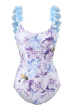 Blue Printed High Waist One Piece Swimwear with Flowers