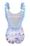 Blue Printed High Waist One Piece Swimwear with Flowers