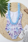 Blue Printed High Waist One Piece Swimwear with Flowers