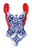 Blue Printed High Waist One Piece Swimwear with Flowers