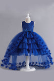 Blue High Low Girls' Dress With Bowknot