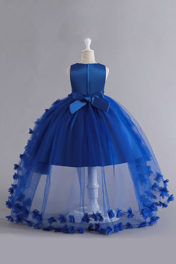 Blue High Low Girls' Dress With Bowknot