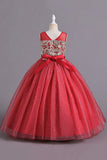 Red A Line Beaded Girls' Dress With Bow