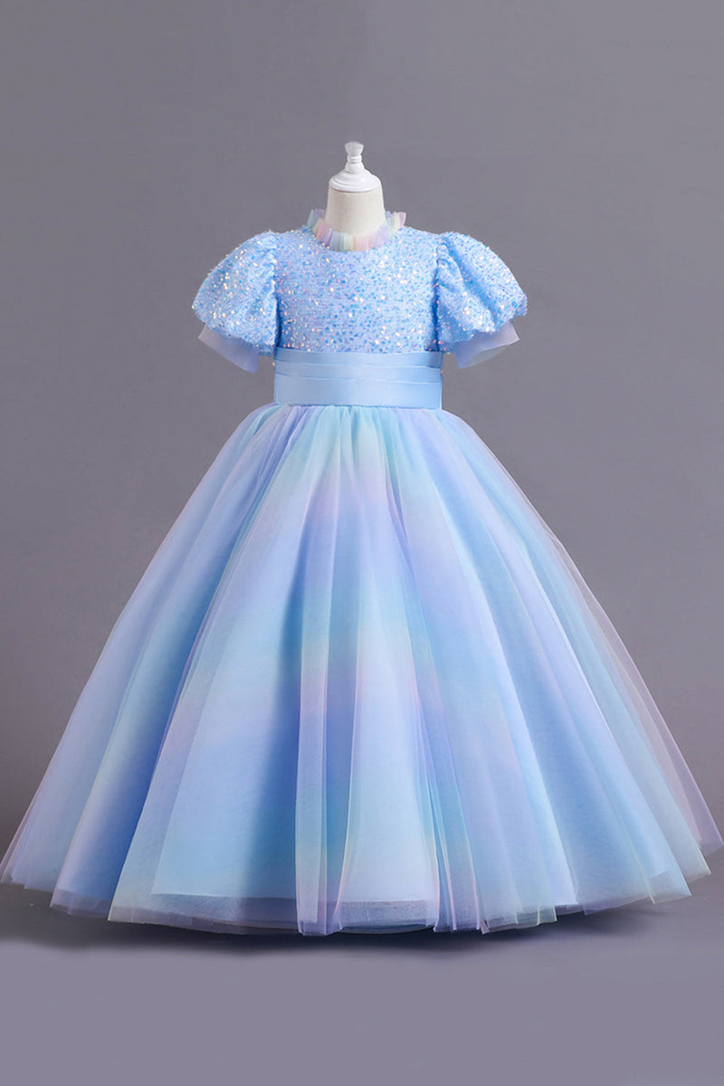 Load image into Gallery viewer, Puff Sleeves Blue Sequins Tulle Girls&#39; Dress