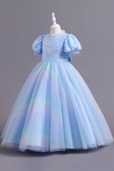 Puff Sleeves Blue Sequins Tulle Girls' Dress