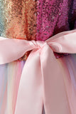 A-Line Sparkly Pink Sequins Kids Girls' Dress with Bows