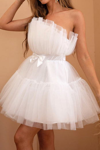 Tulle Strapless White Short Party Dress