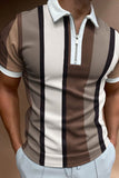 Brown Stripe Men's Polo Shirt with Short Sleeves