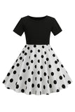 White Polka Dots Girls' Dress With Short Sleeves