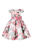 Blue Floral Girls' Dress with Bowknot