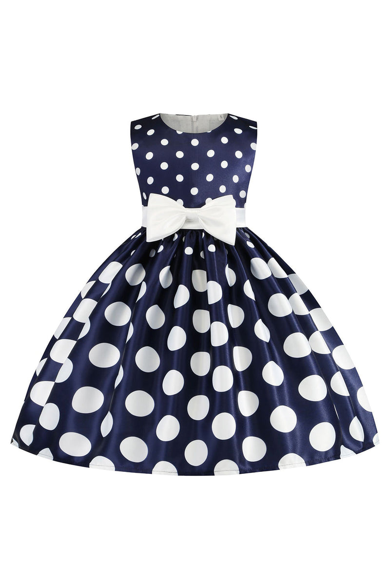 Load image into Gallery viewer, Dark Blue Polka Dots Girls&#39; Dress with Bowknot