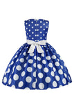 Dark Blue Polka Dots Girls' Dress with Bowknot