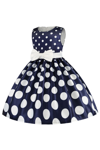 Dark Blue Polka Dots Girls' Dress with Bowknot