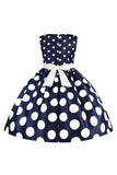 Dark Blue Polka Dots Girls' Dress with Bowknot