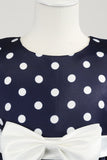 Dark Blue Polka Dots Girls' Dress with Bowknot