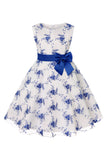 Blue Embroidery Lace Girls' Dress with Bowknot