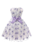 Blue Embroidery Lace Girls' Dress with Bowknot