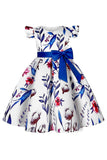 Blue Puff Sleeves Girls' Party Dress with Bowknot