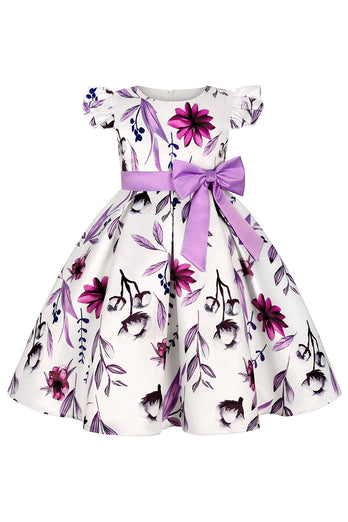 Blue Puff Sleeves Girls' Party Dress with Bowknot