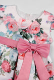 Blush Print Floral Long Girls' Dress with Bowknot