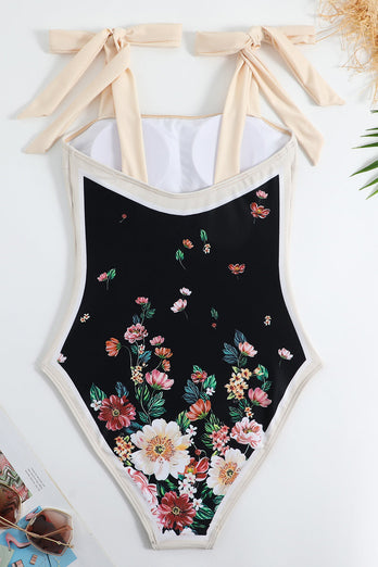 Vintage Printed Black One Piece Swimwear Set with Beach Skirt