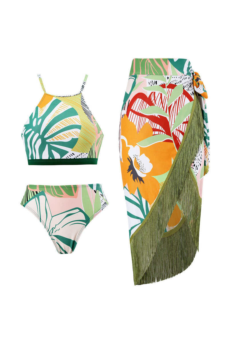 Load image into Gallery viewer, Two Piece Green Printed Bikini Set with Beach Skirt
