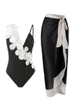 One Piece High Waist Black Swimwear with Flower