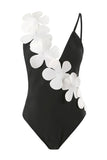 One Piece High Waist Black Swimwear with Flower