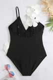 One Piece High Waist Black Swimwear with Flower