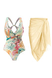 One Piece Flower Printed Yellow Swimwear Set with Beach Skirt