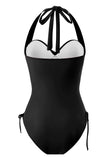 One Piece Halter Neck Black Swimwear with Drawstring