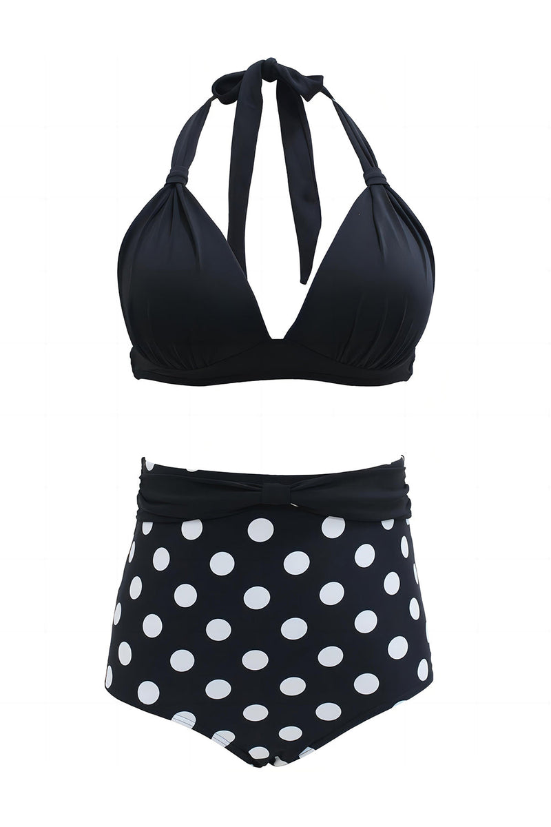 Load image into Gallery viewer, Black Polka Dots Halter Swimwear