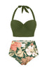 Load image into Gallery viewer, Army Green Printed Two Piece Halter Neck Swimsuit