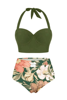 Army Green Printed Two Piece Halter Neck Swimsuit
