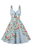 Blue Flower Spaghetti Straps 1950s Dress With Bow