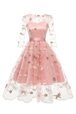 A Line Square Neck Pink 1950s Dress with Half Sleeves