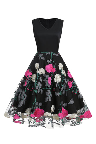 Fuchsia and Black Vintage 1950s Dress