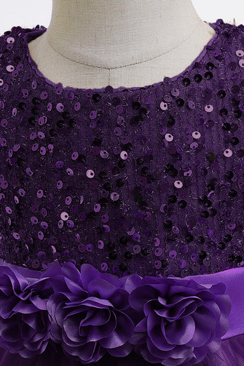 Purple Tulle Sequins Girl Dress with Bow