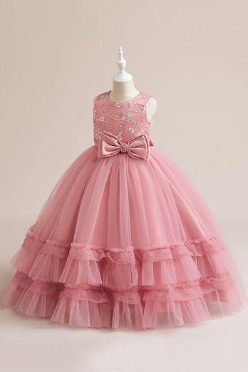 Blush Tulle A Line Girl Dress with Beadig Bow
