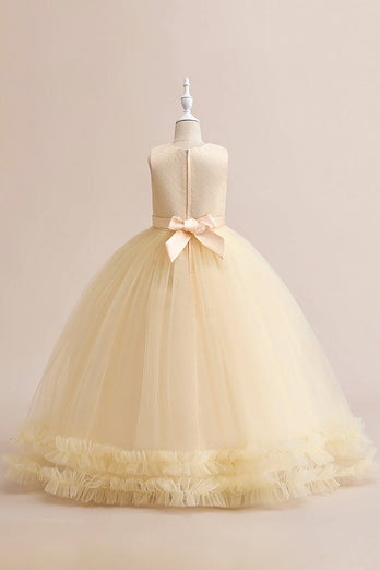 Champagne Tulle A Line Girl Dress with Embroidery