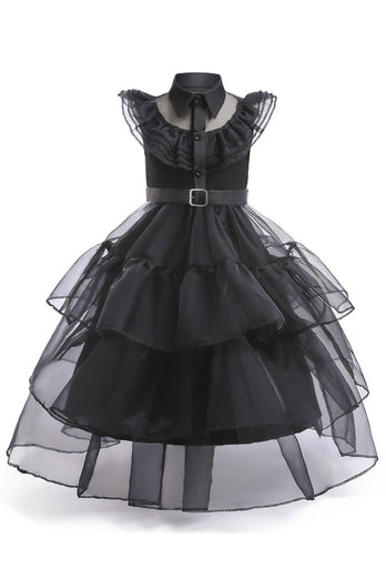 Black Tulle A Line Girl Dress with Belt