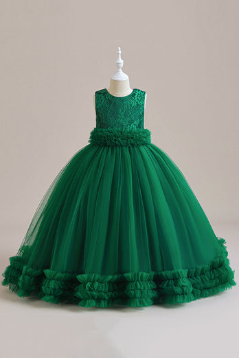 Sleeveless Green Tulle A Line Girl Dress with Lace