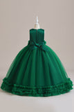 Sleeveless Green Tulle A Line Girl Dress with Lace