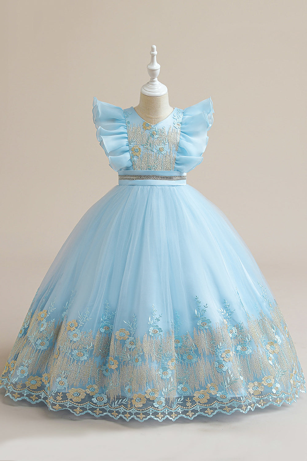 Blue A Line Tulle Girl Dress with Embroidery