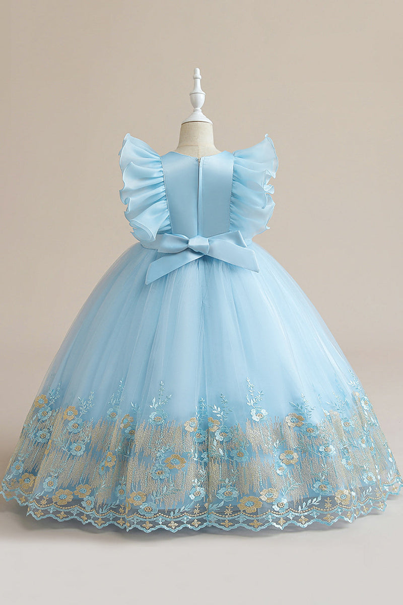 Load image into Gallery viewer, Blue A Line Tulle Girl Dress with Embroidery