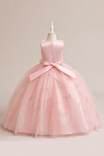 Pink Tulle Sleeveless Girl Dress with Appliques