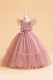 Tulle A Line Champagne Girl Dress with Bow