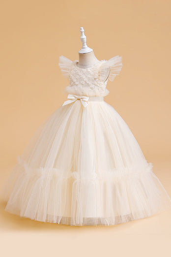 Tulle A Line Champagne Girl Dress with Bow